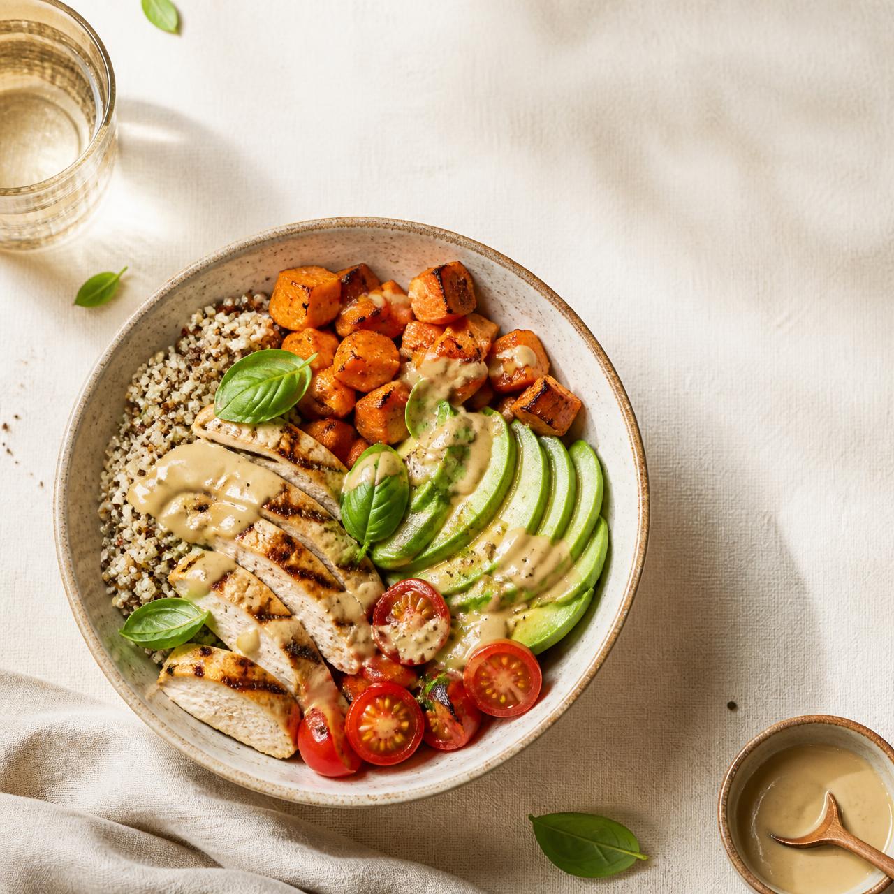 Bowl proteico com frango, quinoa, batata doce e abacate