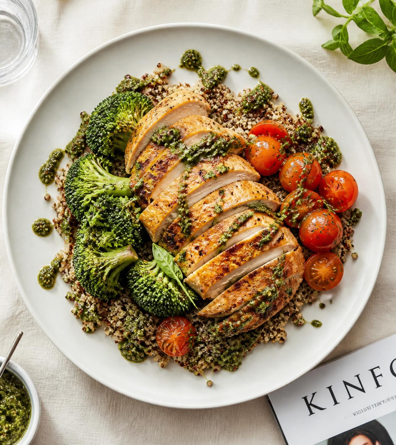 Frango ao pesto com quinoa e brócolis